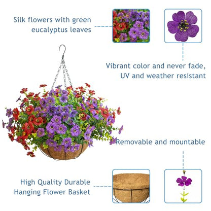 Artificial Hanging Flowers, UV Resistant, 12 Bundles, Red Purple - color: Purple+red