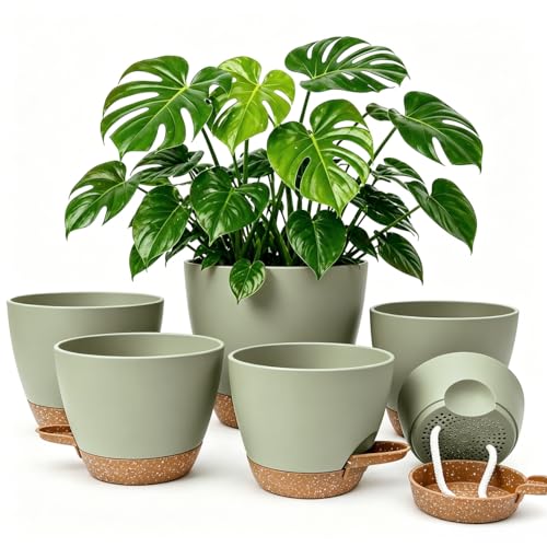 Plant Pots for Indoor 9/8/7/6.5/6/5 Inch, Self Watering Planter Pots with Drainage Holes and Saucers, 6Pcs Plastic Flower Pots for Indoor & Outdoor Plants（Green） - color: Green