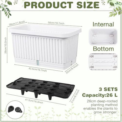 3 Pcs Large Rectangular Planter Boxes Outdoor, White, 20 Inches - color: White, size: 20 Inches