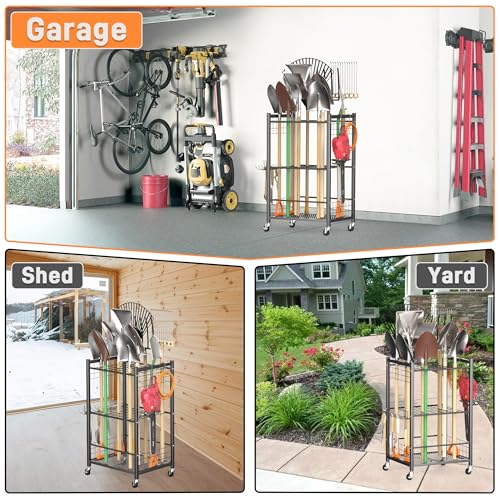 TORACK Garden Tool Stand with Wheels, Rakes Shovels Holder Yard Tools Organizer for Garage, Garden, Shed Indoor/Outdoor Long-Handled Tools Cart(Tool stand) - style: Tool stand