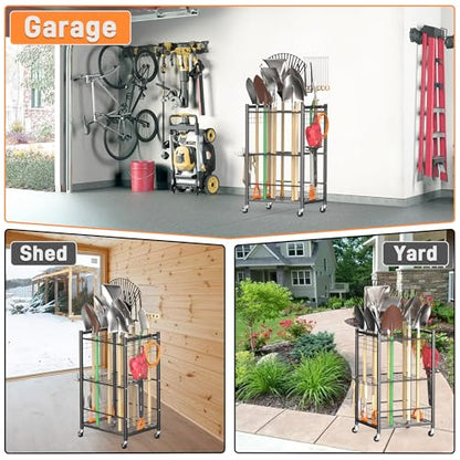 TORACK Garden Tool Stand with Wheels, Rakes Shovels Holder Yard Tools Organizer for Garage, Garden, Shed Indoor/Outdoor Long-Handled Tools Cart(Tool stand) - style: Tool stand
