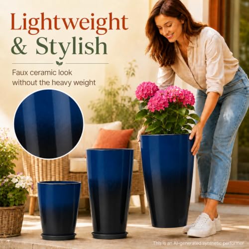 Neoaider Set of 3 Tall Planter, 24/21/12in Large Plastic Planter, Dark Blue - color: Dark Blue
