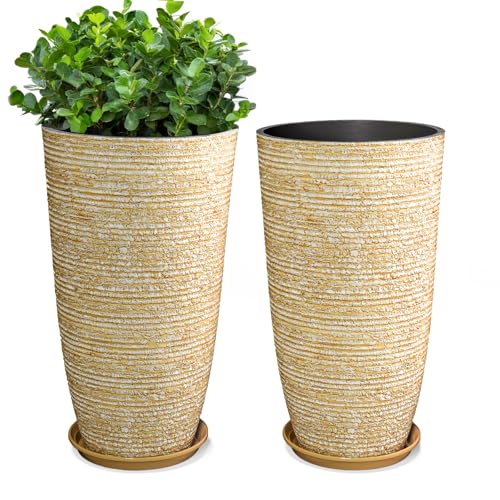 QCQHDU Set of 2 9 Gallon Tall Large planters for Outdoor/Indoor Plants of 12" Dia x 21" H Round Flower Pots Set Faux Stone Finish Front Door Patio Square Porch Planters with Tray, Beige - color: Beige