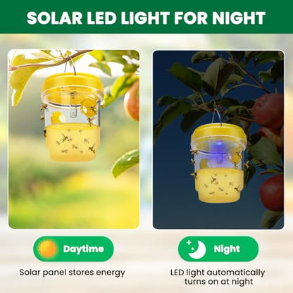 Wasp Trap, Solar Wasp Traps Outdoor Hanging, Reusable Yellow Jacket Hornet Trap with LED Light for Outside Garden, Patio, Orchard, Camping (4, Yellow)