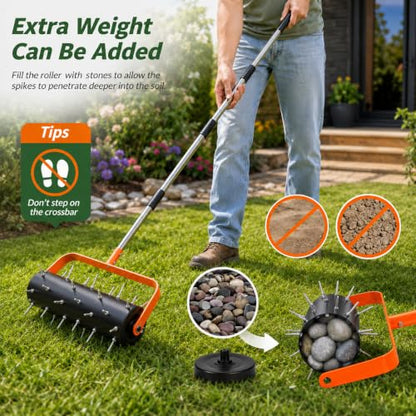 Rolling Lawn Aerator with 42 Spikes 15 Inch Manual Soil Penetrator