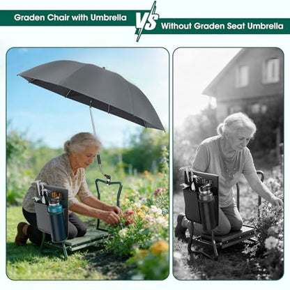 OAOA innovation 2-in-1 Garden Kneeler with Umbrella, Kneeling Bench & Grey Umbrella, Portable Stool 330lb Capacity, Garden Tools Bag with Bottle Holder, Gardening Gift for Men Women Seniors - color: Grey