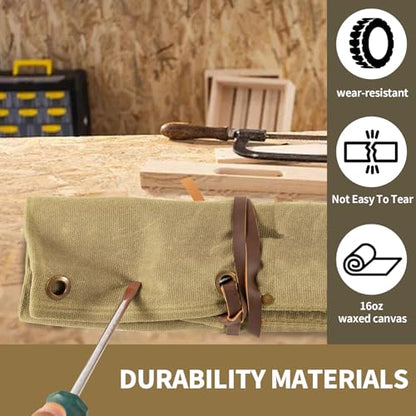 Chisel Roll, 6 Pockets Roll Up Tool Pouch, Waxed Canvas Small Tool Roll - color: Khaki