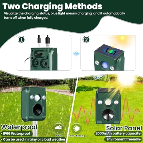 Solar Animal Repeller,5 Modes Ultrasonic & Flashing Light,IP66,Cat Repellent Outdoor for Skunk,Cat,Squirrel,Deer,Snake,Raccoon Deterrent in Yard Garden Farm