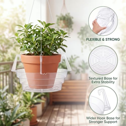 Gejoy 15 Pcs 10 Inch Hanging Plant Water Catcher Tray Clear Plastic Baskets Drip Pans for Flower Pot, Round Plant Saucer with Hooks for Balcony Patio Indoor Outdoor Watering Accessories - size: 10 Inch