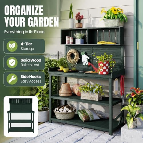 Garden Potting Bench, 65 Inch Wooden Patio Workstation with Storage (Greeen) - color: Greeen