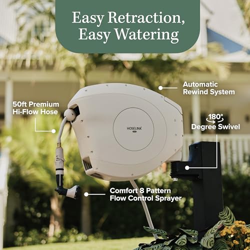 HOSELINK Classic Beige 50ft Hi-Flow Automatic Retractable Garden Hose Reel, 9/16”, 8-Pattern Spray Nozzle, UV-Stabilized Kink-Free Hose, Wall Mounted Watering Solution for Backyard, Garden & Outdoor - size: 50ft
