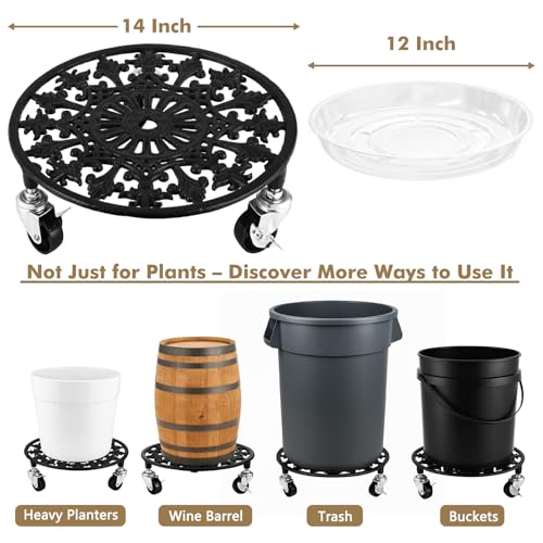 1 Pack Plant Caddy with Wheels 14 Inch Rolling Plant Stand for Large Plants Heavy Duty Plant Rollers Metal Plant Dolly Rustproof Planter Stand Wrought Iron Plant Stands Flower Cart Indoor Outdoor - size: 14 inches