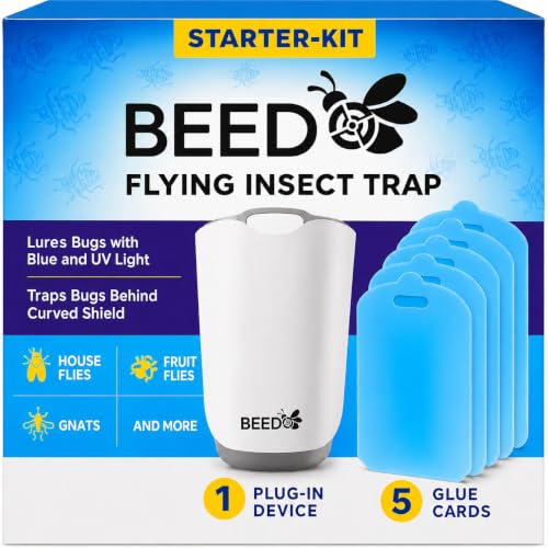 Beedo Gnat Fruit Fly Flying Insect Trap Starter Kit, Indoor Bug Catcher Plug in Device for House, Mosquito, Drain Flies Killer, Blue and UV Light Combo, Zapper Alternative, 1 Device with 5 Glue Insert