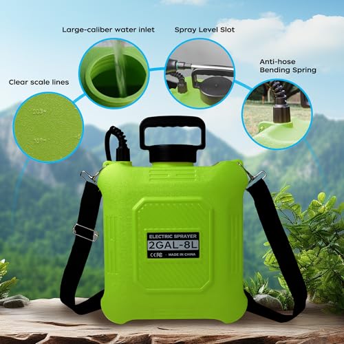 Battery Powered Garden Sprayer 2 Gallon with 2 Pressure Mode, 6 Spray Nozzles, Rechargeable Weed Sprayer Telescopic Wand, Adjustable Strap for Lawn Garden, Blue (Green) - color: Green