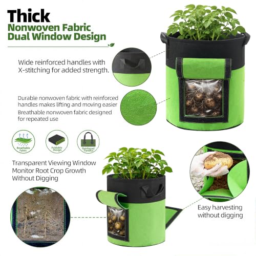 5-Pack 7 Gallon Potato Grow Bags with Harvest Window & Visible Window, Thick Nonwoven Fabric Planter Pots with Handles, Reusable Garden Bags for Potatoes, Carrot, Onion, Tomatoes and Vegetables