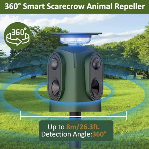2026 Upgraded Solar Ultrasonic Animal Repeller, 360° Motion Detection with LED Flashing Light, Waterproof Design for Outdoor Garden, Farm, Temporary Yard Protection Against Deer, Cats, Dogs, Raccoons