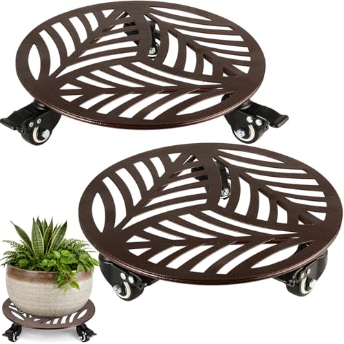 2-Pack Large Metal Plant Caddy with 3 Wheels 12 Inches Heavy-duty Rolling Plant Stands with Casters Wheeled Flower Pot Mover Rollers Rust-proof Iron Planter Dolly Coasters for Indoor Outdoor Use - color: Textured Brown, size: 12"/ 2 packs