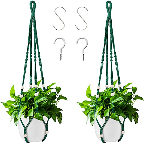 Augshy Macrame Plant Hangers Dark Green Hanging Planters for Indoor Outdoor Home Decor, Hanging Plant Holder No Tassels Set of 2 with 4 Hooks - color: Dark Green, size: 35 Inches