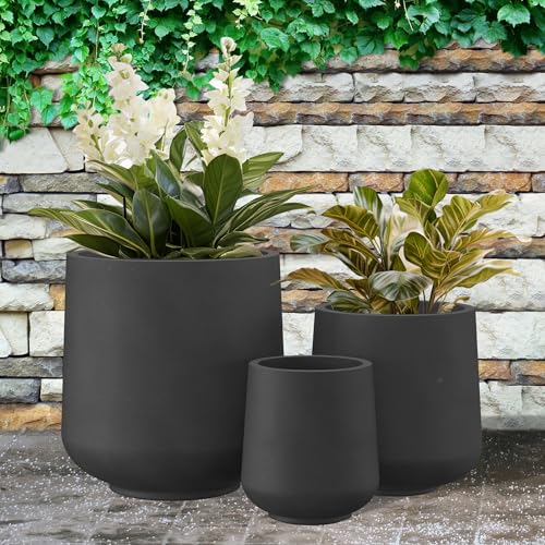Kante Set of 3 Black Concrete Curved Planters 16.5" 13" 9.4" Dia - color: Burnished Black, size: Set of 3: 15.3" + 11.6" + 8.2" D