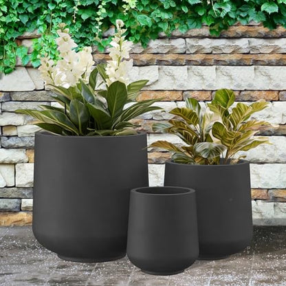Kante Set of 3 Black Concrete Curved Planters 16.5" 13" 9.4" Dia - color: Burnished Black, size: Set of 3: 15.3" + 11.6" + 8.2" D