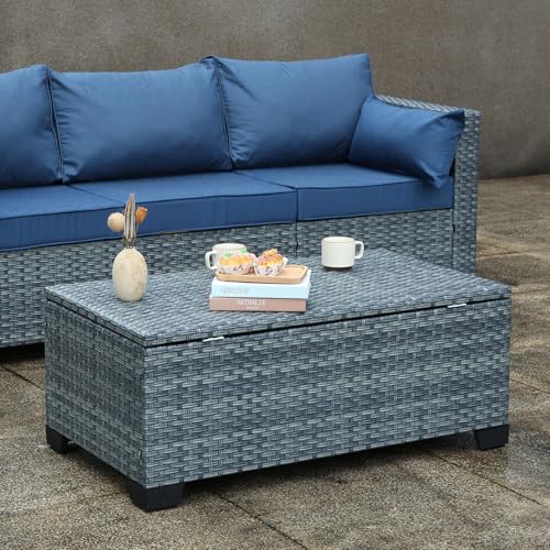 Outdoor Storage Table Wicker Patio Coffee Table All-Weather Rattan Side Table with Waterproof Cover, Grey - color: Grey