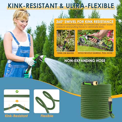 Non-Expandable Garden Hose 150 ft, Lightweight Flexible Anti-Kink - color: Green, size: 150ft