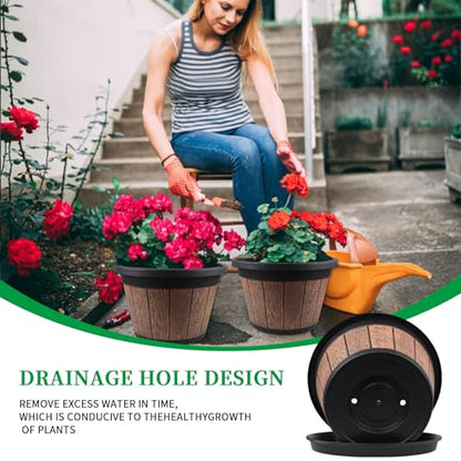 4 Pack 14 inch Plant Pots,Whiskey Barrel Planters with Drainage Holes - size: 14 inch