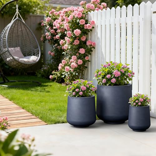 Kante Set of 3 Charcoal Concrete Curved Planters 16.5" 13" 9.4" Dia - color: Charcoal, size: Set of 3: 15.3" + 11.6" + 8.2" D