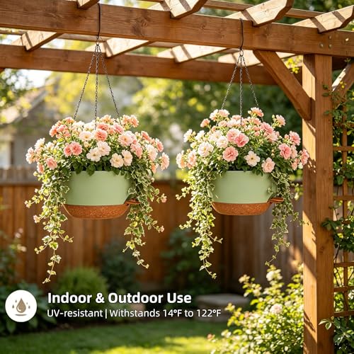 12" Self Watering Hanging Planters with Chains, Green Brown，2 Pack - color: Green Brown, size: 2 pack 12 inches