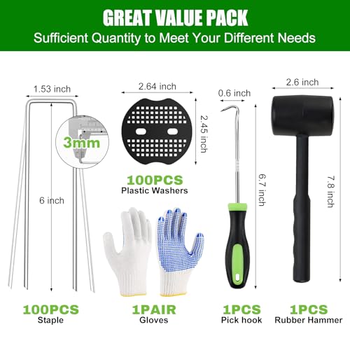 Ground Staples with Rubber Hammer,Pick Hook and Gloves,6Inch 100pcs Galvanized Garden Pegs+ 100pcs Gaskets,Anti-Rust,U-Shaped Lawn Spikes,Landscaping Fabric Pins for Weed Barrier,Yard Grass Cover