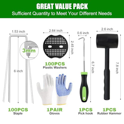 Ground Staples with Rubber Hammer,Pick Hook and Gloves,6Inch 100pcs Galvanized Garden Pegs+ 100pcs Gaskets,Anti-Rust,U-Shaped Lawn Spikes,Landscaping Fabric Pins for Weed Barrier,Yard Grass Cover