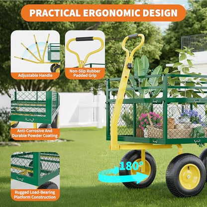 3-in-1 Heavy-Duty Steel Garden Cart, 1400 Lbs Garden Wagon, with 13 Inch All-Terrain Tires and Removable Mesh Side Panels, 180° Rotating Handle, Metal Multi-Function Carts, Outdoor Gardens Wagon Cart - color: Green + Yellow, size: 1400 Lb
