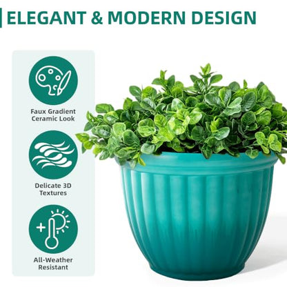Autodaya 15" Large Planters For Outdoor Plants Set Of 2 Plastic Flower Pots - color: 15"-gradient Teal Green