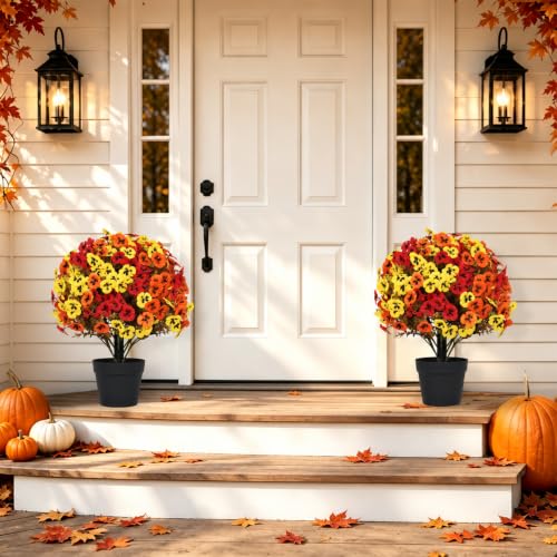 24" Artificial Fall Pansy Flowers for Outdoors, Faux Topiary Potted Plants - color: Pansy Yellow-orange-red
