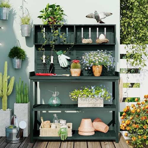 Outdoor Potting Bench Table with Storage, Farmhouse Wood Garden Tables with Storage Shelves and Side Hooks, Potting Tables for Outside, Patio, Backyard, Easy Assembly, Dark Green - size: 65'' Dark Green
