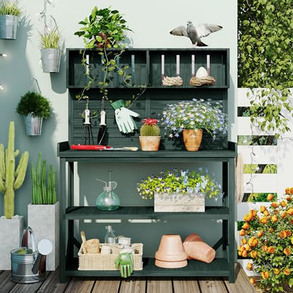 Outdoor Potting Bench Table with Storage, Farmhouse Wood Garden Tables with Storage Shelves and Side Hooks, Potting Tables for Outside, Patio, Backyard, Easy Assembly, Dark Green - size: 65'' Dark Green