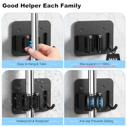 4 Pack Broom Holder Wall Mount, 304 Stainless Steel Mop Organizer with Hook - color: C-Black, size: 4PCS Gripper