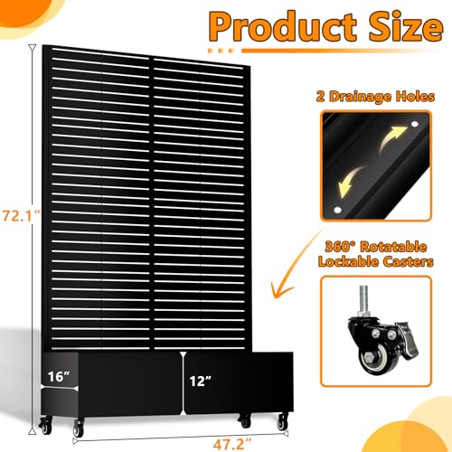 MTART Metal Planter Box with Trellis Outdoor, 72"x47"x16" Galvanized Raised Garden Bed with Privacy Screen & Drainage Holes & Lockable Casters for Climbing Plants, Vegetable, Vines (Louvered-Black1) - color: Louvered-black1