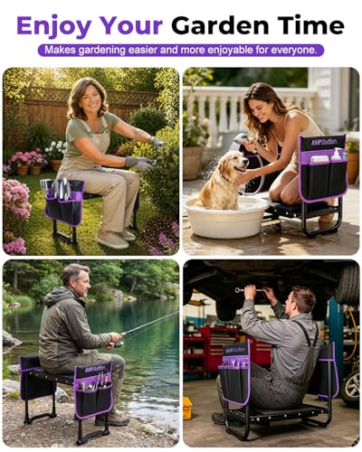 Garden Stool & Kneeler 7-Piece Set with 3 Aluminum Tools, Double-Layer Tote Bag & 2 Side Pouches - Foldable Gardening Bench Kit - Ideal Gifts for Women Mom Seniors (Purple) - color: Purple