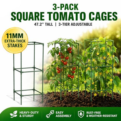3-Pack Square Tomato Cages, 47.2" Tall Heavy-Duty Plant Support with 11mm Thick Stakes, Adjustable 3-Tier Tomato Trellis for Raised Beds, Large Planters & Climbing Vegetables