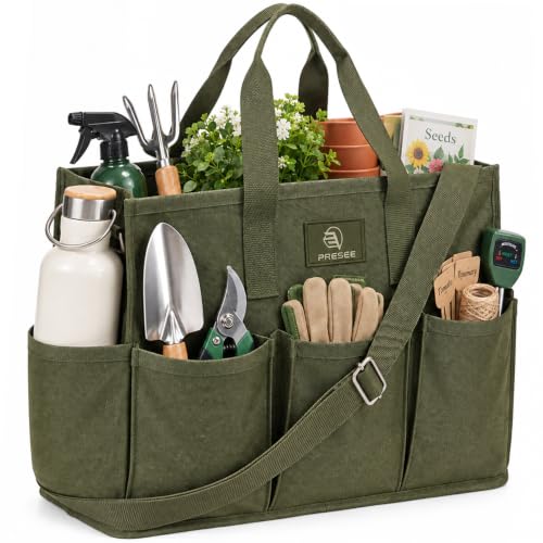 Garden Tool Bag, 9-Pocket Gardening Organizer Tote with Shoulder Strap, Heavy Duty Green Tool Bag