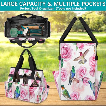 Hummingbird Flower Rose Garden Tool Bag Waterproof Gardening Tool Storage Bag with Handle & 10 Pockets Gardening Tote Bag for Women Garden Tool Organizer - color: Hummingbird Flower Rose