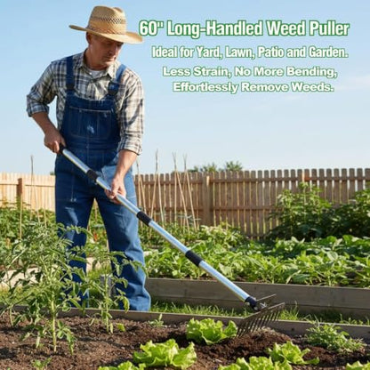 Weed Puller Tool, 2-in-1 Garden Hoe and Weed Rake, 60 Inch Adjustable Long Handle Stainless Steel Heavy Duty Weeding Tools, Manual Weeder Remover Gardening Uprooting Tool for Yard, Lawn and Patio