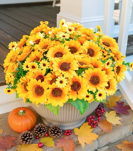 Sunflowers Artificial Flowers, 10 Bunches Fake Sunflower Artificial Flowers for Outdoors Spring Summer Decoration Look Real UV Resistant Fake Flowers for Home Porch Garden Wedding Party Office Indoor - color: Sunflowers