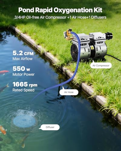 VEVOR Pond Aerators, 5.2CFM Aeration System for Lakes up to 3 Acres, 3/4 HP Air Compressor, 1 Diffuser & 100' Weighted Tubing, Outdoor Pond Aeration Pump for Deep Water Oxygen Circulation - size: 5.2CFM+1 diffuser