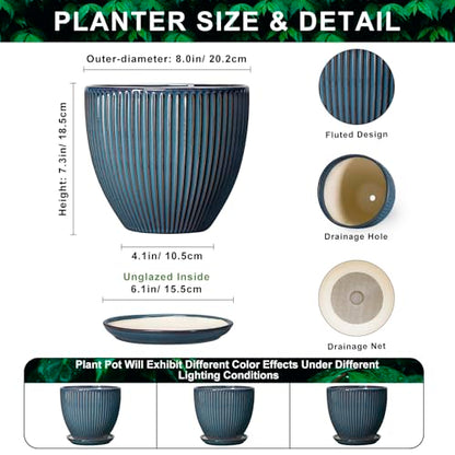 Ceramic Plant Pots, 8 Inch Planters with Saucer, Retro Blue - color: Retro Blue, size: 8 Inch