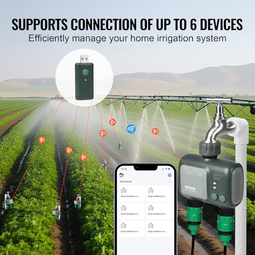 VEVOR Sprinkler Timer WiFi Water Timer, 2 Outlets, Smart Hose Faucet Water Timer with Brass Inlet, APP Remote Control via 2.4Ghz WiFi or Bluetooth, Voice Control, IPX6 for Garden, Yard Watering - style: 2 Outlet with WiFi/Bluetooth.