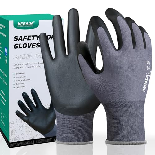 Kebada W5 Foam Nitrile Coated Work Gloves for Men & Women, 12 Pairs - color: W5 Grey (12 Pairs), size: X-Large