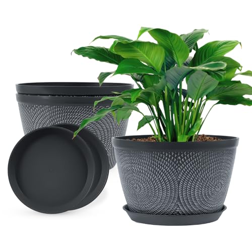 Quarut Flower Pots for Outdoor,Plastic Plant Pots with Drainage Hole & Tray - color: Gray, size: 10 Inch