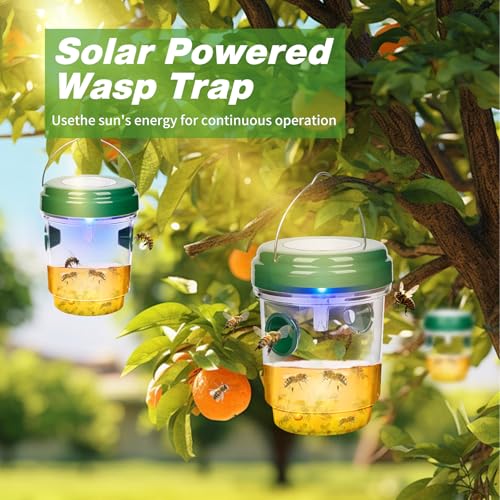 Wasp Traps Outdoor Hanging, Solar Bee Trap 4 Packs, 2026 Upgrade Wasp Deterrent Killer, Carpenter bee Catcher for Outside, Flying Insect Traps Reusable Yellow Jacket Hornet Catchers with LED Light